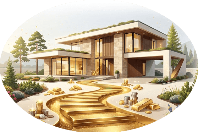 Auswahlbild zum goldenen Hausbauweg mit stilisiertem modernen Einfamilienhaus und goldenem Weg als Symbol für den Hausbau ohne Schulden.