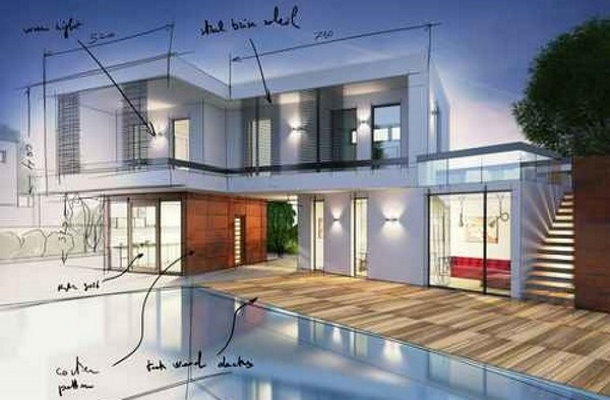 Kolorierter Entwurf eines modernen Flachdachhauses mit Pool