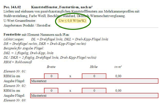 Auszug aus Excel Muster-LV Schreibweise U-Wert