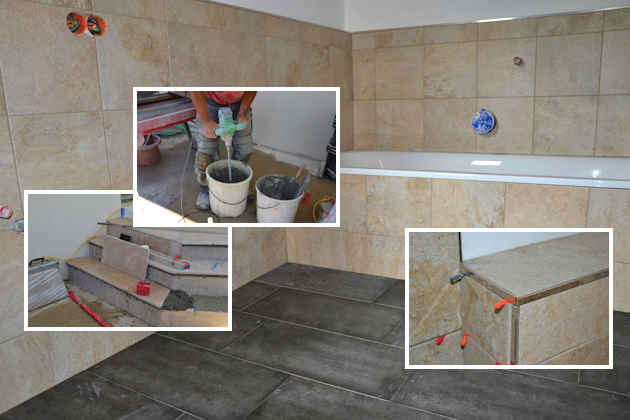 Fliesenlegerarbeiten, Badezimmer mit Wanne, Stufendetails, Fliesenkleber anrühren