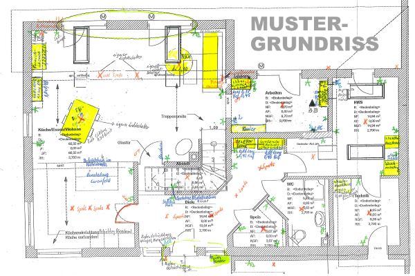 Muster-Grundrissplan mit (gelber) Einrichtung