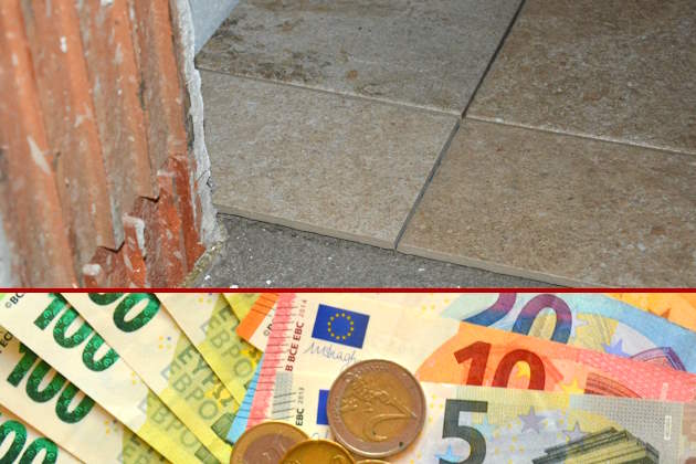 Bodenfliesen in Rohbau, Euro-Geldscheine und Münzen