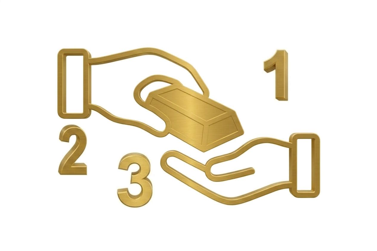 Übergabe eines Goldbarrens von Hand zu Hand und die Zahlen 1, 2 und 3 als Symbol für den reinen Warenkauf von 3 unterschiedlichen Goldkauf-Produkten.