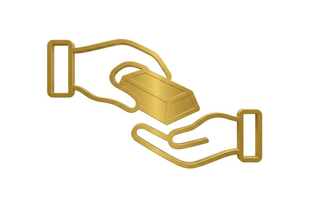 Übergabe eines Goldbarrens von Hand zu Hand als Symbol für den reinen Warenkauf