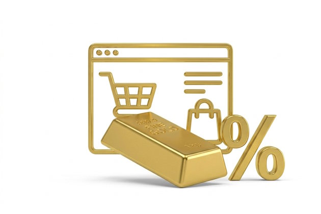 Goldenes 3D-Piktogramm: Ein Goldbarren und ein stilisierter Online-Shop, daneben ein großes Prozentzeichen als Symbol für Rabatte beim Goldkauf.