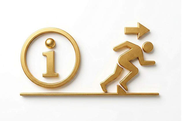 Zweiteiliges goldenes Piktogramm: Links ein Info-Symbol, rechts eine stilisierte Startfigur mit Pfeil nach rechts.