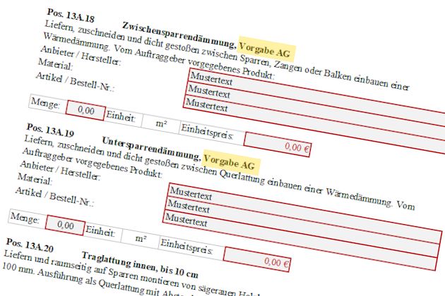 Auszug Muster-LV, Leistungspositionen mit "Vorgabe AG"