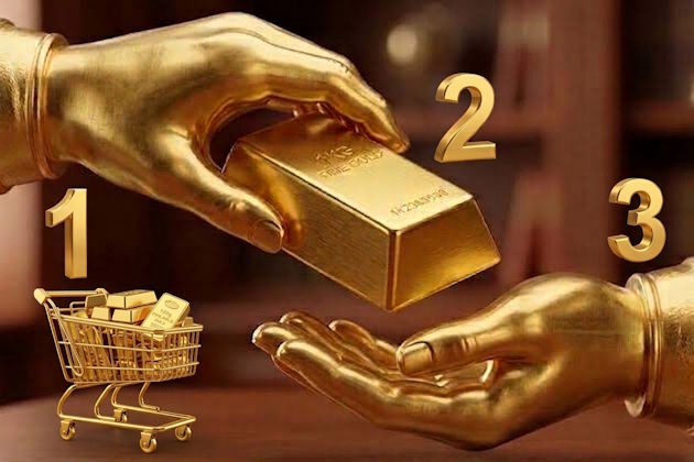 3D-Gold-Piktogramm zur Produktübersicht: Goldene Hände reichen einen Goldbarren sowie die Zahlen 1, 2 und 3 als Symbol für 3 verschiedene Goldkauf-Produkte.
