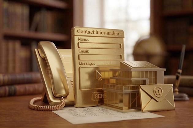 3D-Gold-Piktogramm für die direkte Kontaktaufnahme: Goldenes Telefon, Kontaktformular, Briefumschlag und Haus-Symbol auf edlem Schreibtisch.