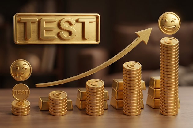 3D-Gold-Piktogramm zur Praxis-Probe: Ansteigende Münzenstapel mit Euro-Zeichen von der ersten Test-Münze mit skeptischem Smiley bis zum großen Vermögensaufbau mit lachendem Smiley.