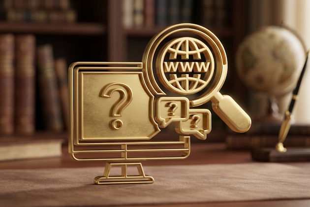 3D-Gold-Piktogramm für die Internet-Recherche: Bildschirmsymbol mit Fragezeichen, Sprechblasen und Lupe vor verschwommenem Hintergrund.