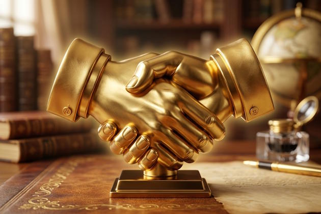 Auswahlbild zu meinen Klarstellungen mit stilisiertem Händeschütteln von Goldhänden als Symbol für Vertrauen und Handschlagqualität
