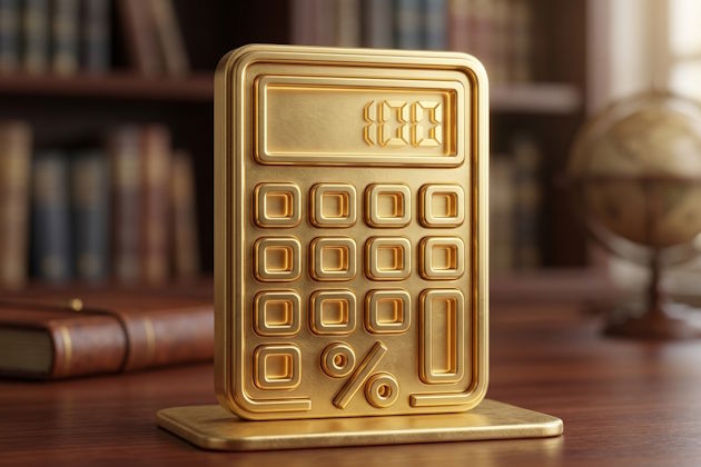 Auswahlbild zu meinen Beispielrechnungen mit stilisiertem goldene Taschenrechner als Symbol für Berechnungen