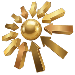 Auf den Punkt gebracht Piktogramm mit Goldkugel und rundherum darauf gerichteten Pfeilen als Symbol für für die Überschrift "Auf den Punkt gebracht".