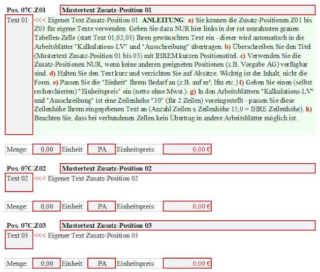 Excel Muster-LV Zusatz-Positionen im Auswahl-LV