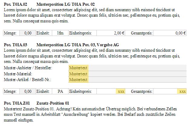 Muster-LV Testversion - Anzeige in Excel-Arbeitsblatt Kalkulations-LV