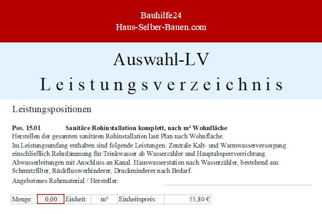 Muster-LV Auswahl-LV für Festlegung Leistungsumfang Sanitärinstallation