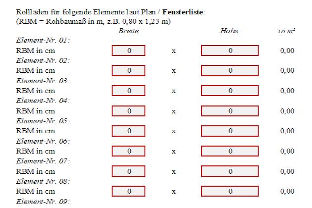 Fensterliste Muster-LV für Berechnung der mengen für den Sonnenschutz