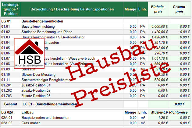 Gesamte Hausbau-Preisliste Muster-LV GU-Bau