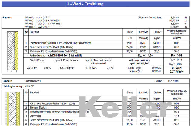 Ausschnitt aus U-Wert-Ermittlung EFH