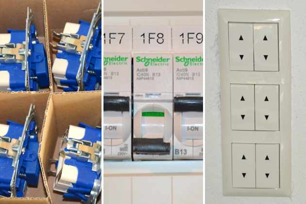 Elektroinstallation mit Einbauschaltern und -dosen, Sicherungsautomaten und Wippschaltern