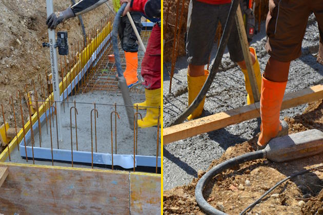 Arbeiter betonieren Bodenplatte und Fundamente
