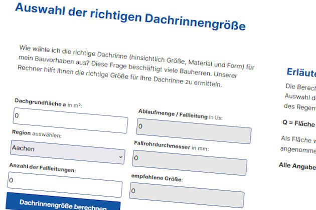 Website hbw-handel.de - Dachentwässerung selbst berechnen