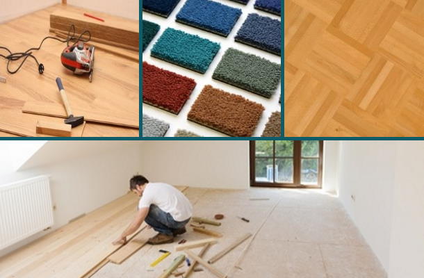 Handwerker bei Durchführung von Bodenlegerarbeiten
