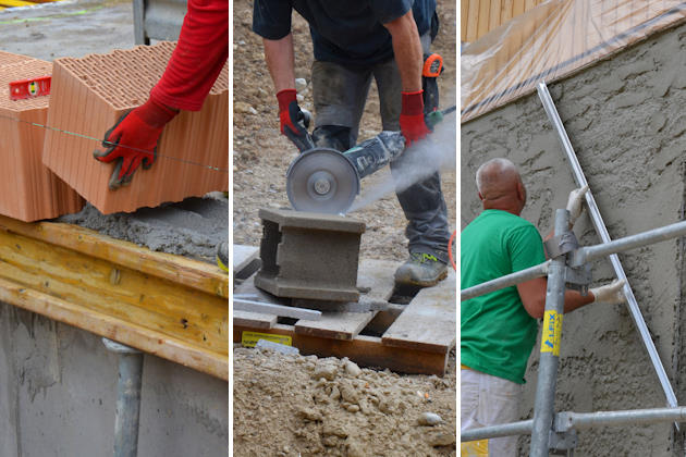 Arbeiter beim Mauern, Ziegel schneiden und Außenwand verputzen