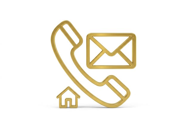 Goldene Symbole für Telefonhörer, E-Mail-Briefumschlag und Haus als Symbol für persönlichen Kontakt und Rückfragen zum goldenen Hausbauweg ohne Schulden.
