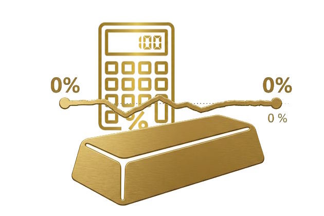 Stilisierter Taschenrechner, Goldbarren und flach verlaufender Chart für Goldkurs als Symbol für Beispielrechnung