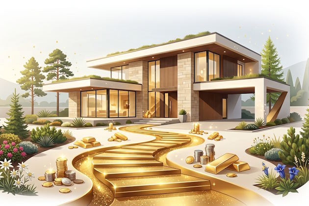 Visualisierung des "Goldenen Hausbauwegs": Ein geschwungener, goldglänzender Pfad aus Stufen, Münzstapeln und Goldbarren führt direkt zu einem modernen, luxuriösen Einfamilienhaus.