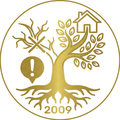 Symbol für Neuausrichtung: Verwurzelter Baum seit 2009 mit neuem Ast für schuldenfreien Hausbau