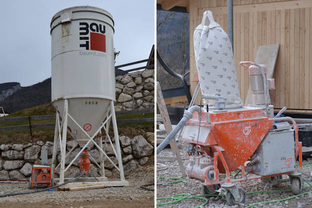 Silo mit Verputzmaterial und Putzmaschine für Innenputz