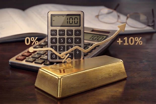 3D-Gold-Piktogramm mit Goldbarren im Vordergrund, dahinter ein Taschenrechner und ein steigener Börsenchart von 0% auf +10% als Symbol Goldpreisanstieg.