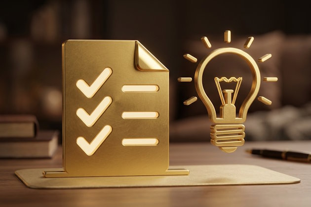 Piktogramm mit Hakenliste und Glühbirne als Symbol für das Verstehen, wie die schnelle Vermehrung der vorhandenen Eigenmittel mit Gold funktioniert.