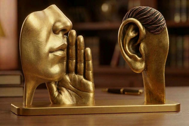 3D-Gold-Piktogramm eines sprechenden Mundes mit vorgehaltener Hand und eines lauschenden Ohres als Symbol für eine Empfehlung.
