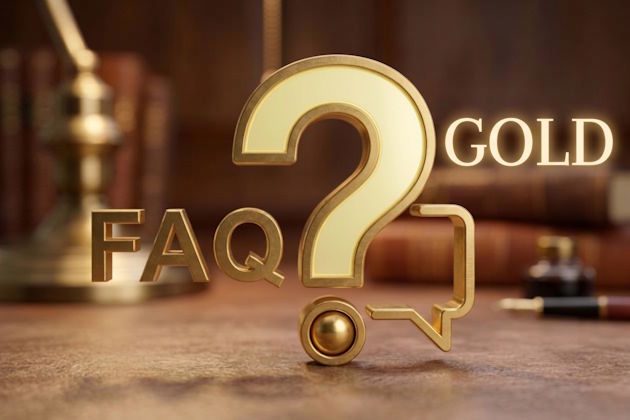3D-Gold-Piktogramm mit Fragezeichen und Text Gold FAQ als Symbol für den Abschnitt Fragen und Antworten zur Gold-Strategie.