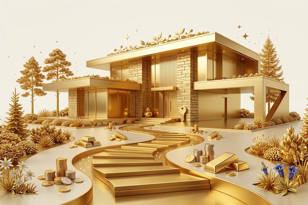 Auswahlbild zum goldenen Hausbauweg mit stilisiertem modernen Einfamilienhaus und goldenem Weg als Symbol für den Hausbau ohne Schulden.