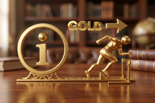 3D-Gold-Piktogramm für gut informiert starten: Goldenes Info-Symbol im Kreis und startende Figur am Startblock mit Pfeil vor unscharfem Hintergrund.