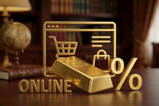 3D-Gold-Piktogramm auf einem Schreibtisch, bestehend aus einem goldenen Rahmen in Form eines Browserfensters mit Einkaufswagen- und Taschen-Symbolen. Davor liegt ein Goldbarren, links steht der Schriftzug 'ONLINE' und rechts davon ein großes Prozentzeichen (%). Im Hintergrund eine unscharfe Bibliothek mit Globus.