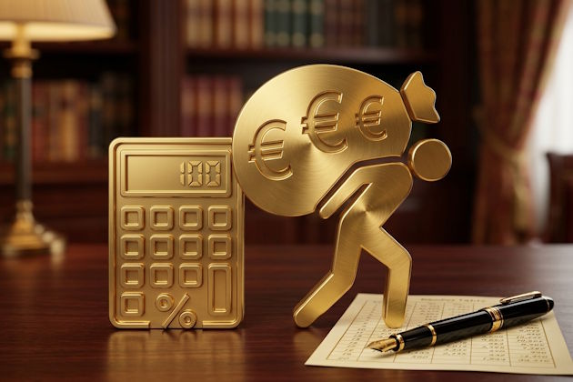 3D-Gold-Piktogramm für die Schuldenlast bei einem Bankkredit: Gebückte Figur trägt eine schwere Geldsack-Last neben einem goldenen Taschenrechner.