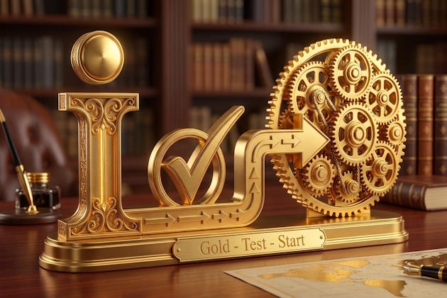 3D-Gold-Piktogramm mit goldener Skulptur auf einem Schreibtisch, bestehend aus einem große 