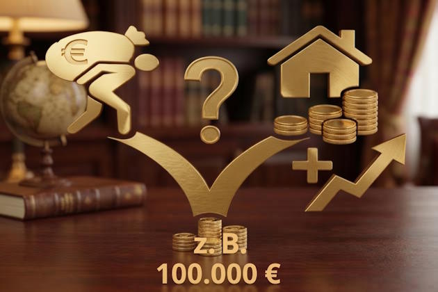 3D-Gold-Piktogramm für zwei Wege der Hausfinanzierung: Ausgehend von 100.000 Euro führt eine Verzweigung zur Schuldenlast und zum Haus ohne Schulden.