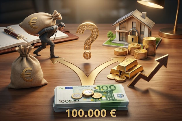 Finanzielle Weggabelung ab 100.000 € Eigenkapital: Klassischer Kreditweg mit Schuldenlast vs. strategischer Goldkauf mit Hausmodell.