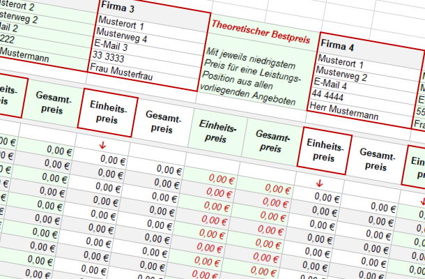 Excel Arbeitsblatt Preisvergleich