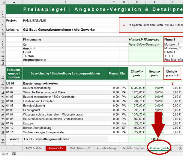 Excel Muster-LV Arbeitsblatt Preisvergleich