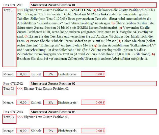 Excel Muster-LV Zusatz-Positionen im Auswahl-LV