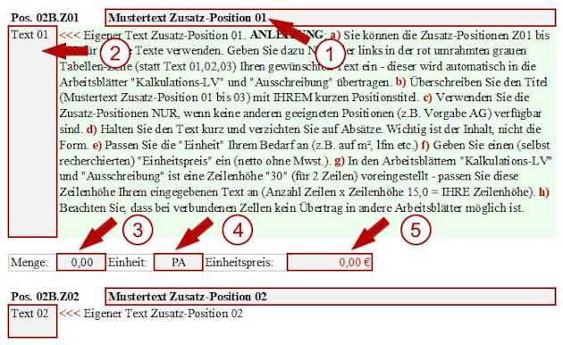 Excel Muster-LV Dateneingabe bei Zusatz-Positionen im Auswahl-LV