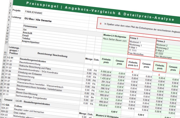 Excel-Arbeitsblatt Preisvergleich mit Preisspiegel für 10 Angebote